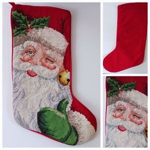 Needlepoint Stocking SANTA CLAUS Christmas Handstitched Wool Yarn 17 Inch